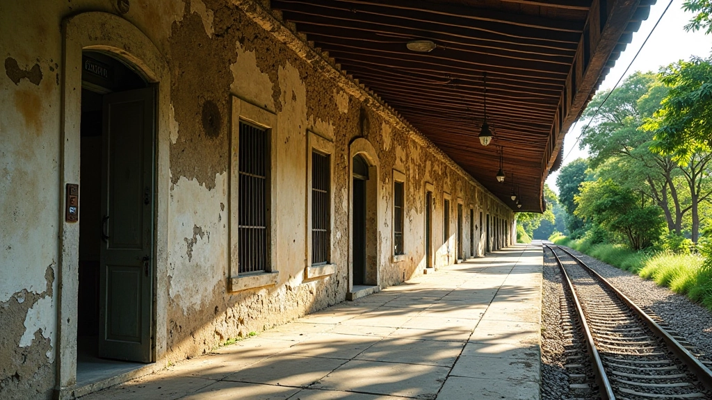 Antiguas estaciones de tren en ruinas, arquitectura colonial preservada del siglo XIX