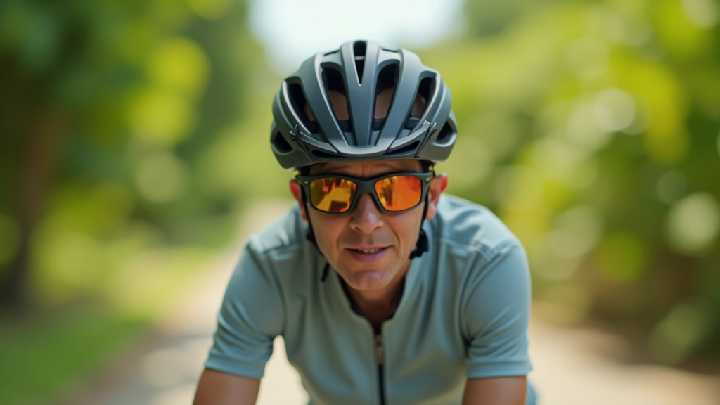 Primer plano de un casco de ciclismo profesional con visera y ventilación, sobre una bicicleta de carretera