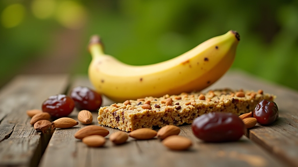 Selección de alimentos saludables para ciclismo: plátano, almendras, pasas y barra de cereal integral sobre una mesa de descanso en la vía verde