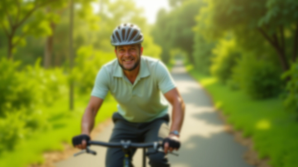 Ciclista mayor usando casco de seguridad en la vía verde, vista lateral con sonrisa confiada, luz natural matinal