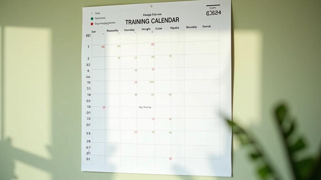 Calendario de entrenamiento físico en la pared mostrando el progreso de ejercicios semana a semana