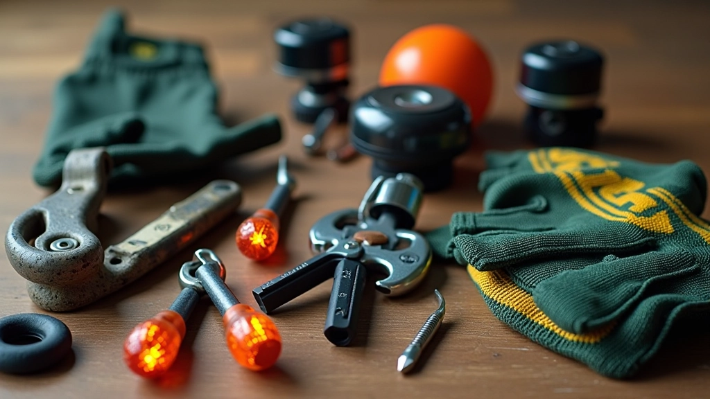 Accesorios de ciclismo organizados sobre mesa: campana, reflectores, guantes y herramientas de reparación