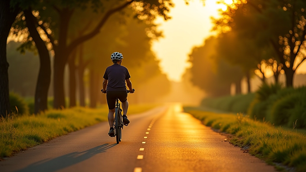 Grupo de ciclistas adultos mayores pedaleando en la vía verde histórica entre Arroyo y Guayama al atardecer