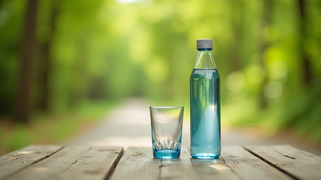 Botella de agua reutilizable y vaso de agua fresca sobre una mesa de madera en un ambiente de descanso en la vía verde